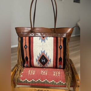 Ecotorie Bleu~ Southwest Native American Fringed Aztec Brown Tote Bag